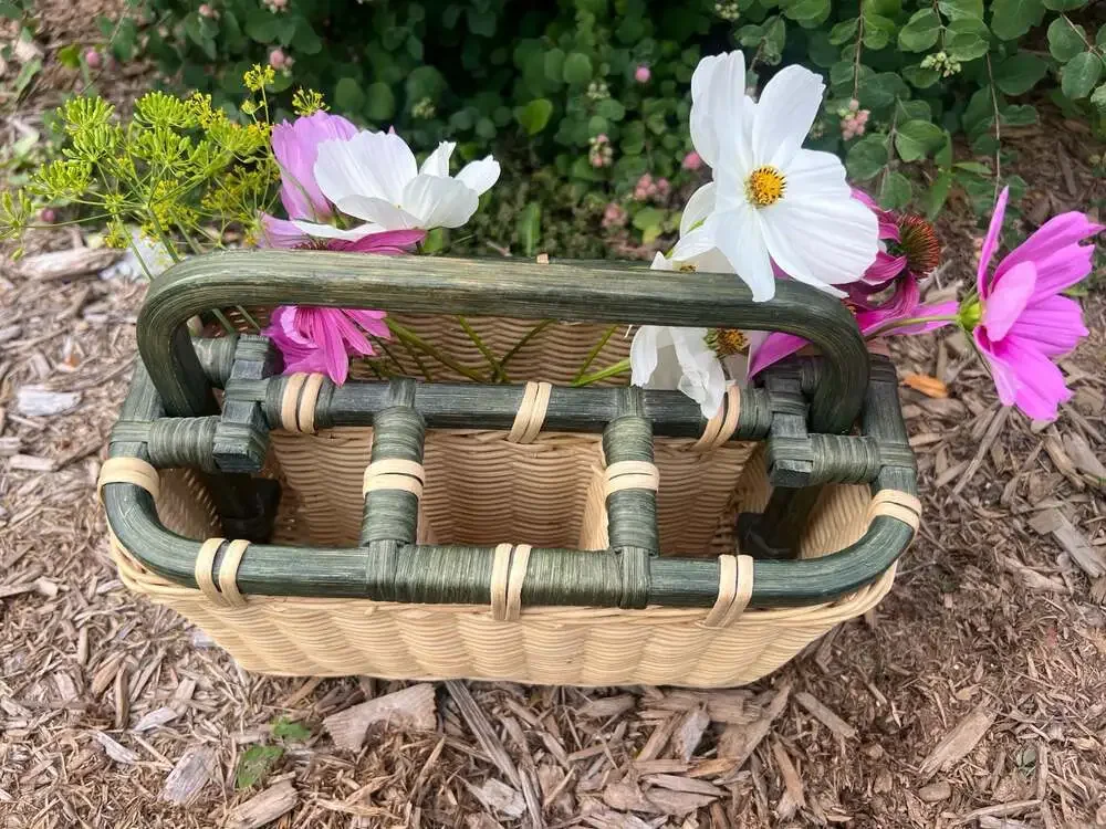 Vintage Divided Wicker and Bamboo Basket Caddy with Adjustable Handle